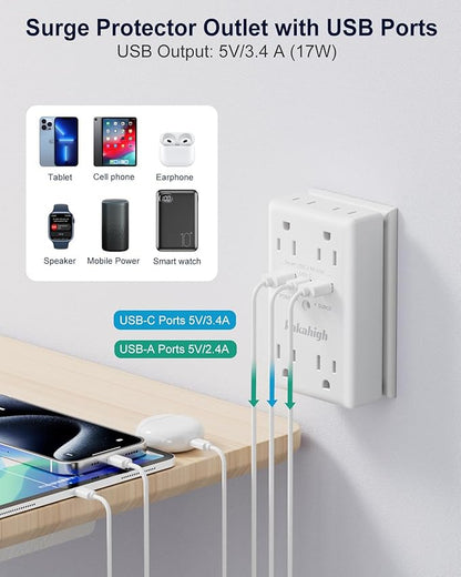 Wall Outlet Extender with Screw, 8 Way Outlets with 1680J Surge Protected, Multi Plug Wall Outlet with USB Ports, LED Indicator, 1875W Wall Mounted Surge Protectors for Dorm Room Office Kitchen