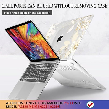CISSOOK Compatible with M2 MacBook Pro 13 Inch Case 2025-2020 Release M1 M2 A2338 A2289 A2251, Plastic Hard Shell Case & Keyboard Cover for MacBook Pro 13 with Touch Bar, Golden Flowers