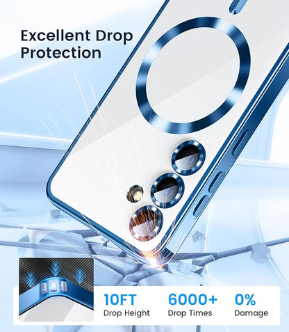 Slim Thin for Samsung Galaxy S25 Plus Case, Compatible with MagSafe, Built-in Camera Lens Protector, Shockproof Protective Phone Case, Soft Electroplated Clear Cover, Sapphire Blue