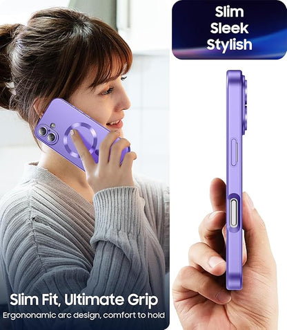 Magnetic for iPhone 16 Plus Case [Compatible with MagSafe][Built-in Camera Lens Protector] Slim Soft Silicone Bumper Shockproof Metallic Luster Phone Case (Purple)