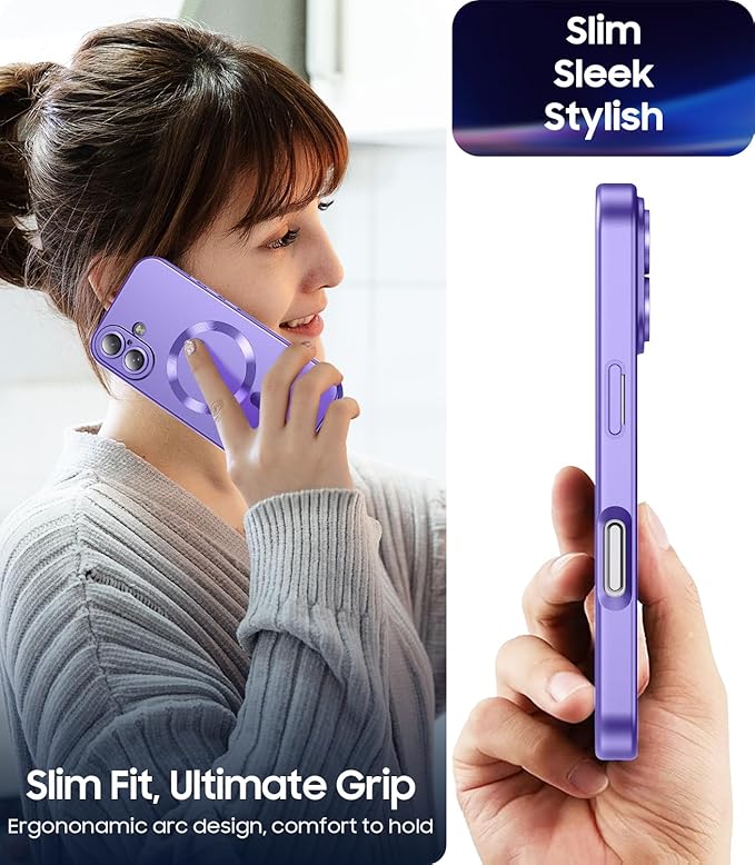 Magnetic for iPhone 16 Case [Compatible with MagSafe][Built-in Camera Lens Protector] Slim Soft Silicone Bumper Shockproof Metallic Luster Phone Case (Purple)