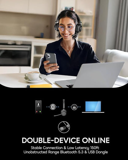 Wireless Headset with Mic for Work, Bluetooth 5.3, Advanced Noise Reduction Microphone, & HD Microphone & HiFi Stereo & Ultra Lightweight Comfortable Bluetooth Headphones for PC, Laptop, Phone,Zoom
