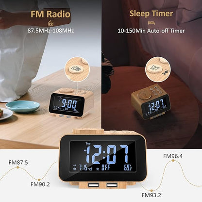 USCCE Digital Alarm Clock Radio - 0-100% Dimmer, Dual Alarm with Weekday/Weekend Mode, 6 Sounds Adjustable Volume, FM Radio w/Sleep Timer, 2 USB Charging Ports, Thermometer, Battery Backup(Wood Grain)