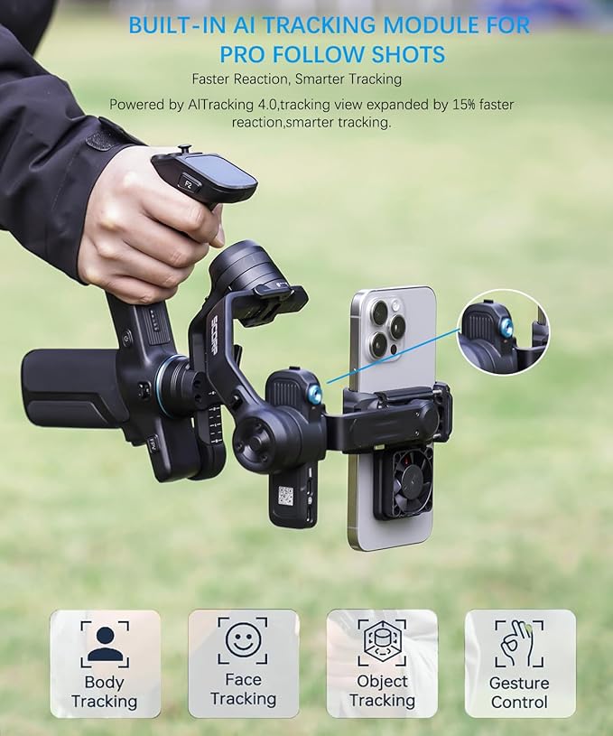 FeiyuTech Scorp MINI 3 Gimbal Stabilizer for iPhone, 3-Axis Smartphone Gimbal Built-in AI Tracking Module,Phone Gimbal with Cooling Fan and Integrated Grip Design, Touch Screen, 2KG(4.41lb) Payload