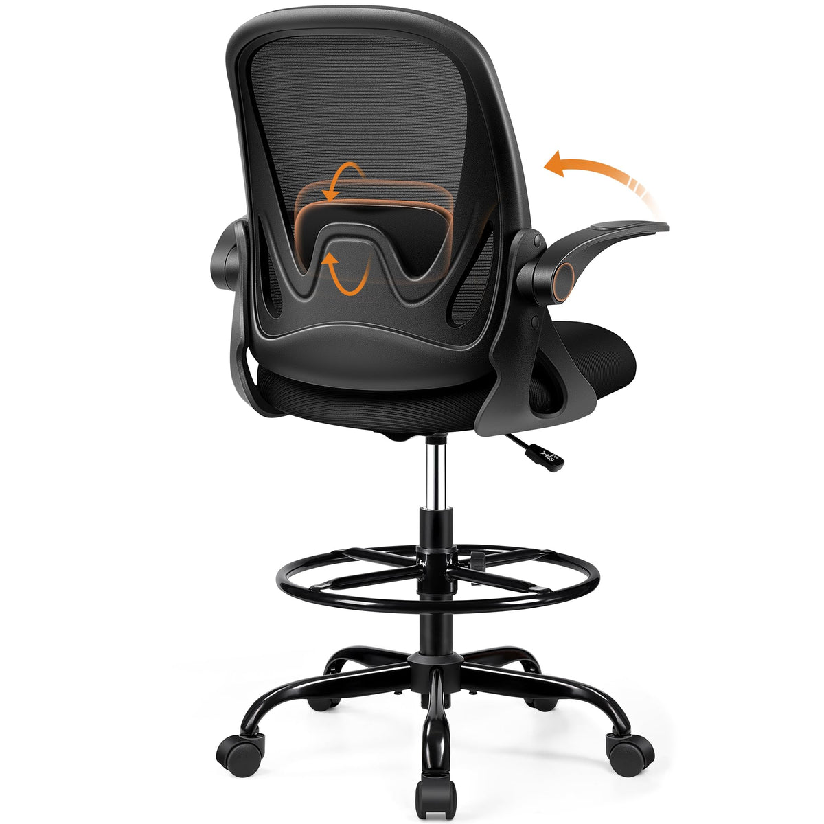 Drafting Chair Tall Office Chair with Flip-up Armrests, Adjustable Height, and Enhanced Lumbar Support - Ergonomic Rolling Stool, Back Support, and Adjustable Foot Rest Ring Light Blue