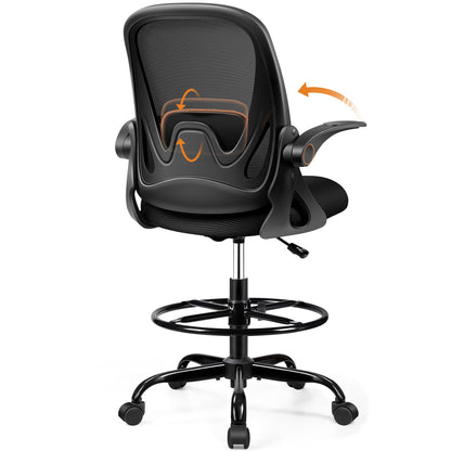 Drafting Chair Tall Office Chair with Flip-up Armrests, Adjustable Height, and Enhanced Lumbar Support - Ergonomic Rolling Stool, Back Support, and Adjustable Foot Rest Ring Light Blue