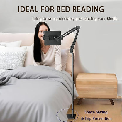 Tablet Floor Stand & Kindle Holder, Overhead Bed Reading Stand with 360° Rotatable Clamp and Height Adjustable Flexible Long Arm, Compatible with Kindle, iPad mini/Air/Pro, and 4.7-14 Inch Devices