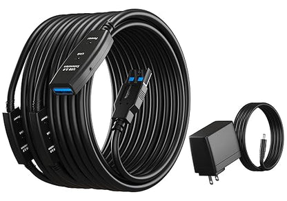 65 Feet Active USB Extension Cable 3.0 Male to Female with 3 Extension chipsets Signal Booster - Active Extension/Repeater Cord 20 Meters / 65 Feet (AC Power Supply Included)