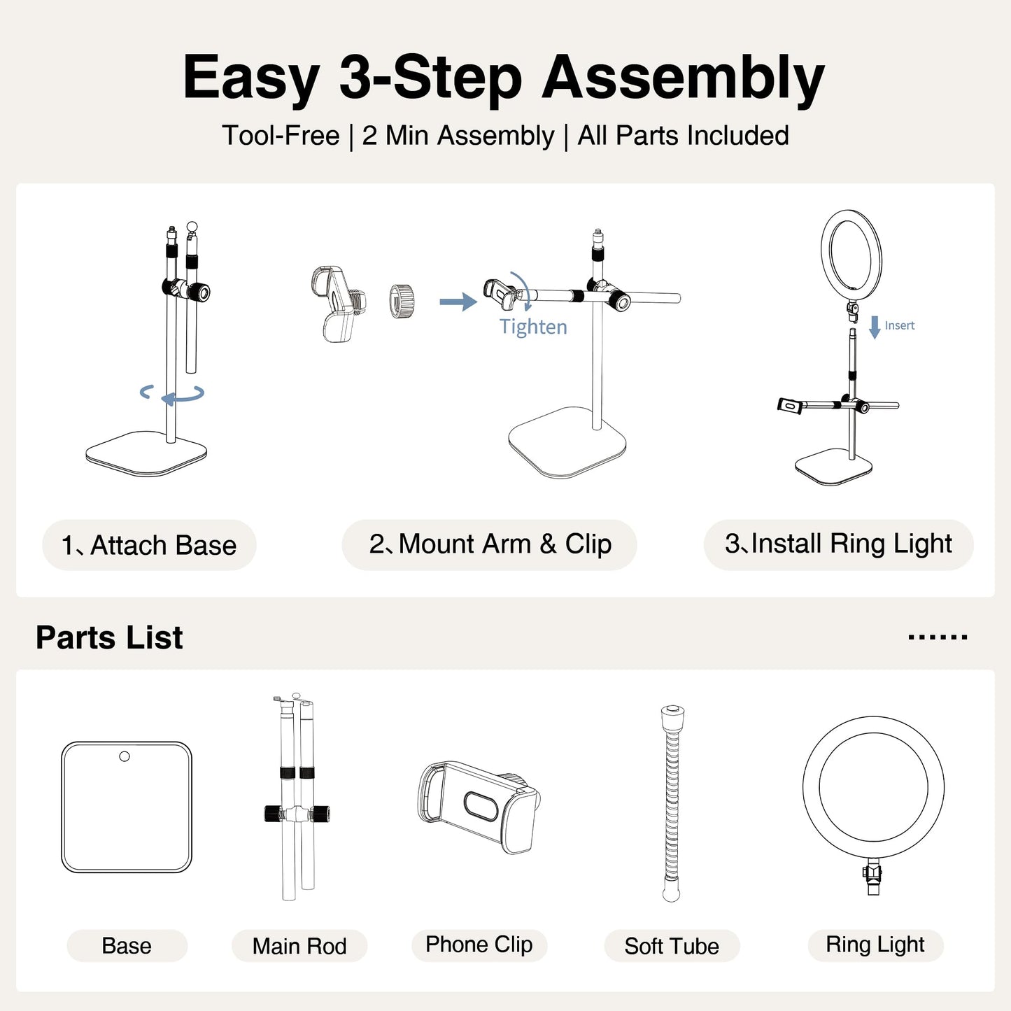Overhead Phone Mount, Overhead Camera Mount Stand [Anti-Shaking] with 10.5" Ring Light, Desk Stand for iPhone with Ring Light for Video Recording, Zoom Meeting, YouTube, TikTok
