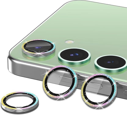 for Samsung Galaxy S24 FE Camera Lens Protector, Individual Metal Ring Tempered Glass Lens Cover, [Strong Adsorption] Scratch Resistant Ultra-Thin HD Clear Lens Cover, 1 Set-Colorful Sparkly
