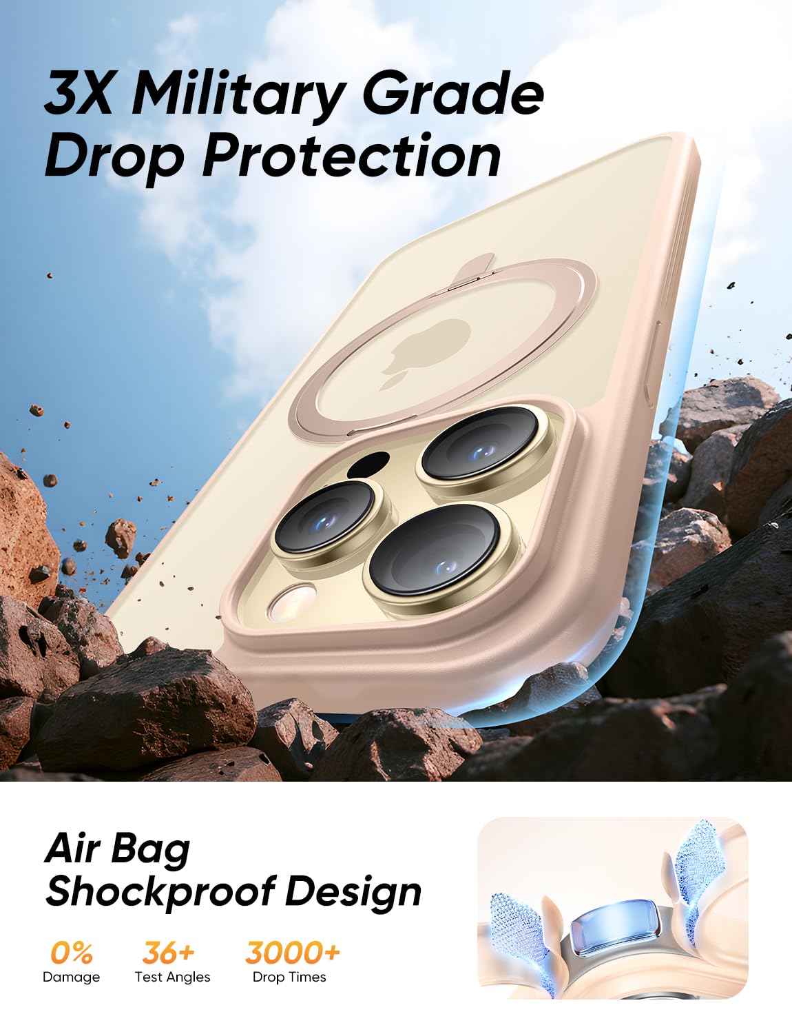 MAGIC JOHN 360° Rotatable Magnetic Invisible Stand for iPhone 14 Pro Case [Anti-Slip Grip] [Compatible with MagSafe] 16FT Shockproof for iPhone 14 Pro Case with Kickstand, Rose Gold