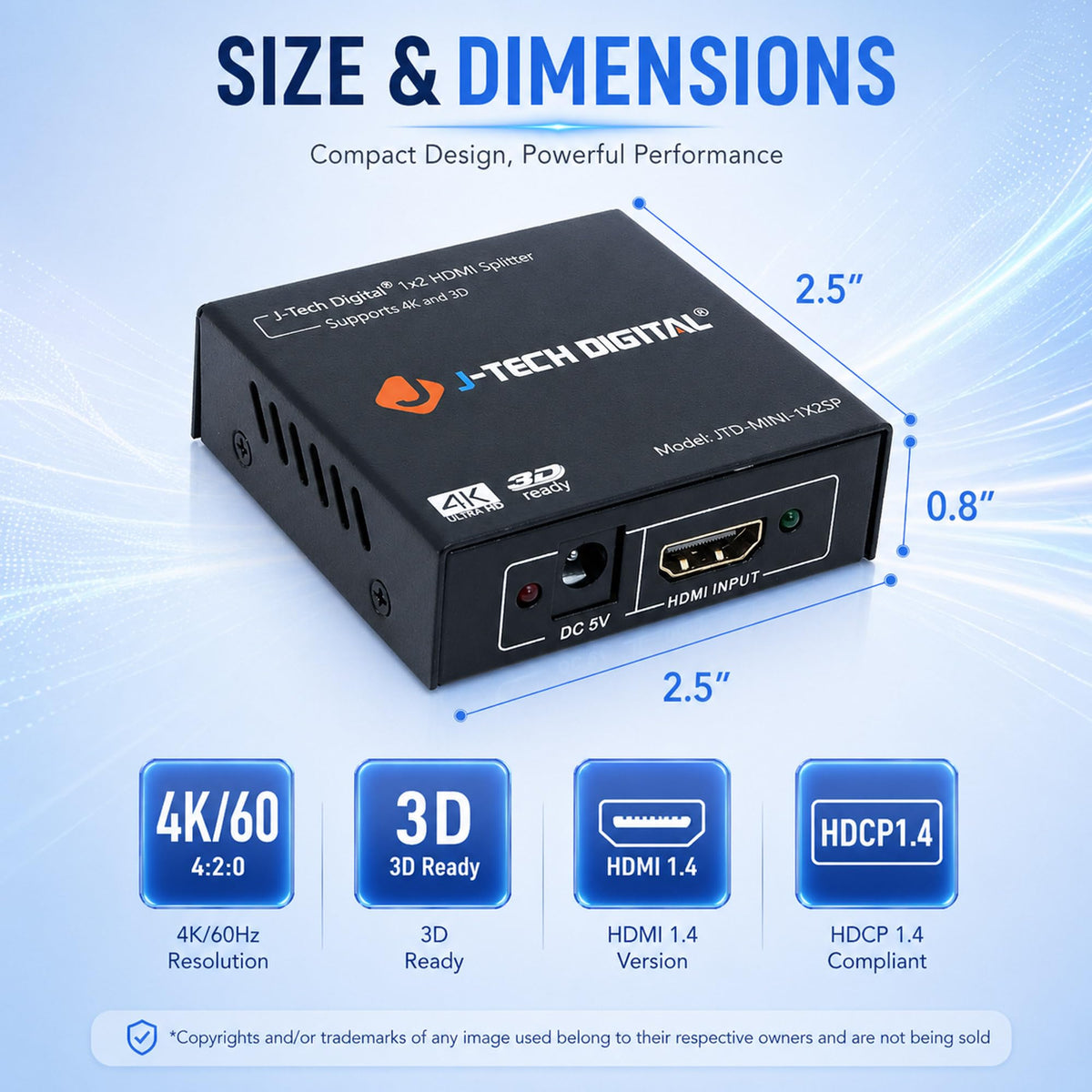 4K@60 HDMI Splitter 1 in 2 out 1X2 Powered Splitter for Dual Monitors by J-Tech Digital [JTD-MINI-1X2SP]