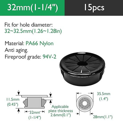 15PCS Cable Grommets, 1-1/4"(32mm) Desk Hole Cover Petal Shaped Buckle Type Nylon Snap Bushing Grommet, Wire Hole Cover Insert for Cables and Cords Management and Protection of Cabinet, Black