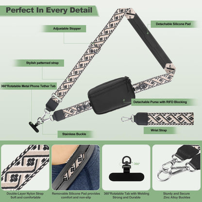 YFWE Clip and Go Strap for Phone with Wallet Crossbody, Adjustable Phone Lanyard with Detachable RFID Wristlet Wallet, Pattern Strap, Black (M)