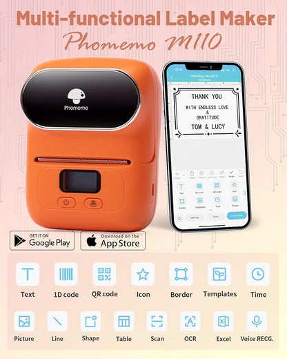 Phomemo M110 Label Maker Machine-Barcode Label Printer, Portable Sticker Maker for Price Tag, Logo,Address, Mailing, Home, Office & Small Business, Compatible with Phones&PC Orange
