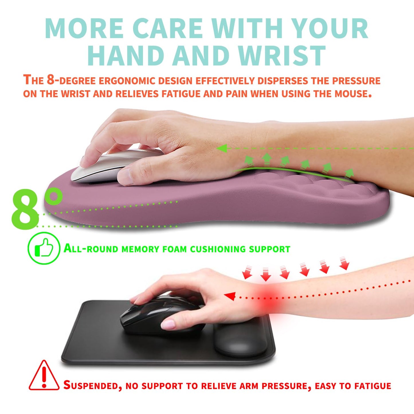 Kuosgm Ergonomic Mouse Pad Wrist Support with Memory Foam Massage Bulge, Carpal Tunnel Pain Relief Mousepad Wrist Rest for Mouse(12x8 inch, Dark Pink)