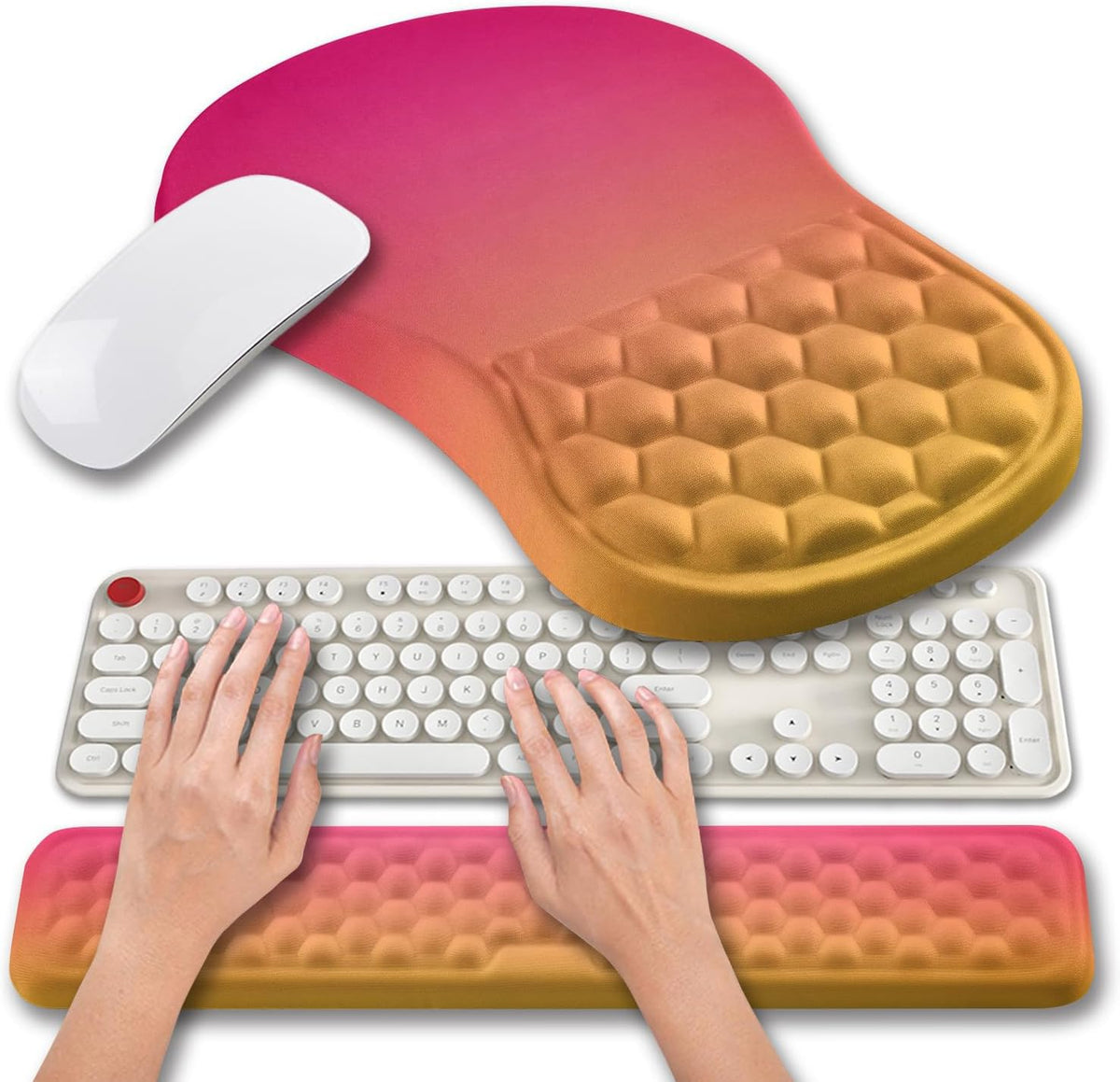 Hokafenle 2 in 1 Ergonomic Mouse Pad Wrist Support & Wrist Rest for Computer Keyboard Set, with Relieve Carpal Tunnel Pain Massage Bulge and Full Memory Gel Design (2In1 Set, Sand Color)