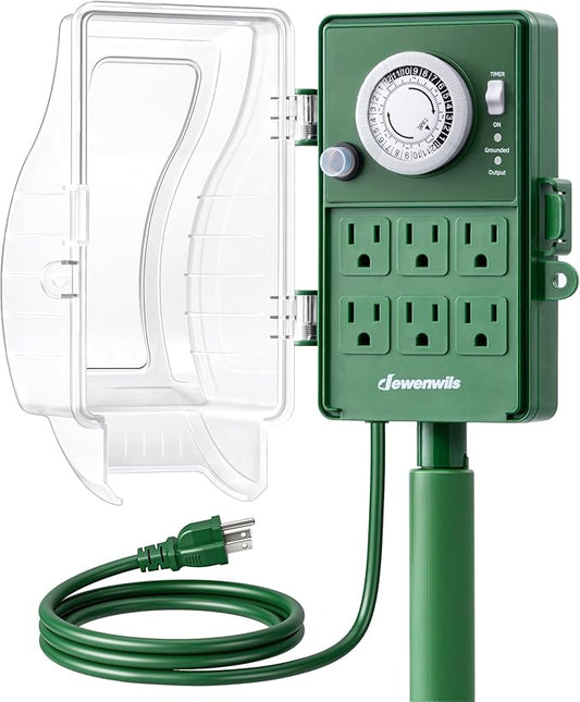 DEWENWILS Outdoor Power Stake Timer, 24-Hour Mechanical Timer, 6 Outlets