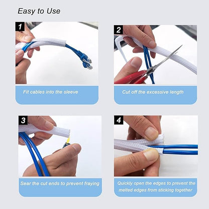 CrocSee 10ft - 1/2 inch Braided Cable Management Sleeve Cord Protector - Self-Wrapping Split Wire Loom for TV/Computer/Home Theater/Engine Bay - White