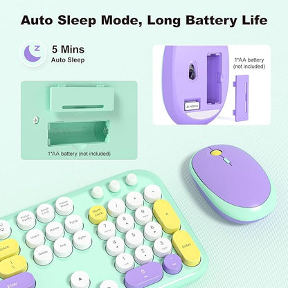 KNOWSQT Wireless Keyboard and Mouse Combo - Lovely Tiffany Blue Rainbow Full-Sized Typewriter Colorful Keyboards, Round Keycap Plug Play Retro Cute Keyboards for Windows, Laptop, PC, Desktop, Computer