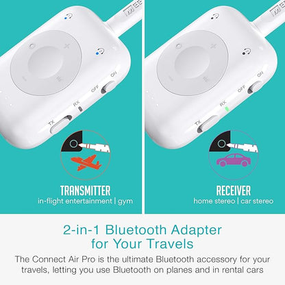 MEE audio Connect Air Pro Bluetooth Wireless Audio Transmitter & Receiver for AirPods or Bluetooth Headphones, 2-in-1 Adapter with Detachable Cable 3.5mm Aux Audio Jack for Airplanes, Auto, Gym, White