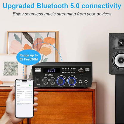 Romica Stereo Audio Amplifier, 2 Channel 450W x2 Bluetooth 5.0 Home Theater Power Amplifier with FM Radio, USB, SD, Optical & Coaxial Inputs, Amplifier for Passive Speakers and Active subwoofer