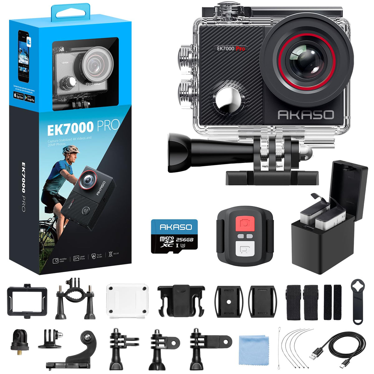 AKASO EK7000 Pro 4K30fps Action Camera with Touch Screen EIS 131ft Waterproof Underwater Camera Remote Control 5X Zoom with Helmet Accessories Kit (with 128GB MicroSD Card)