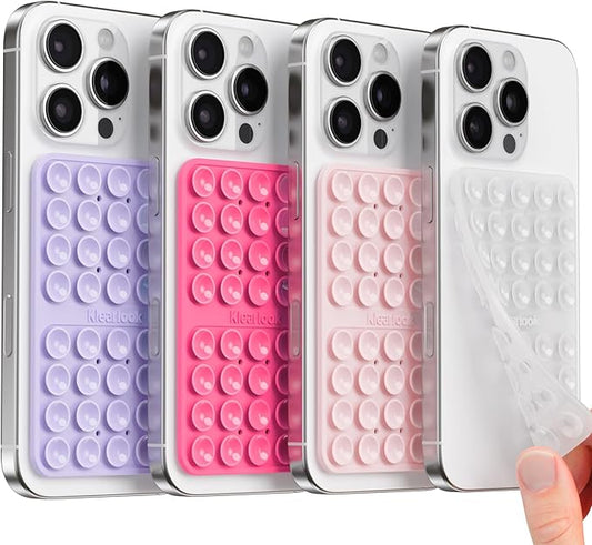 Klearlook 4Pack Silicone Suction Cup Phone Case Mount Double Sided, Sticky Phone Grip for Cell Phone, Hands-Free Phone Accessories for Selfies and Videos, Clear & Light Pink & Hot Pink & Lavender