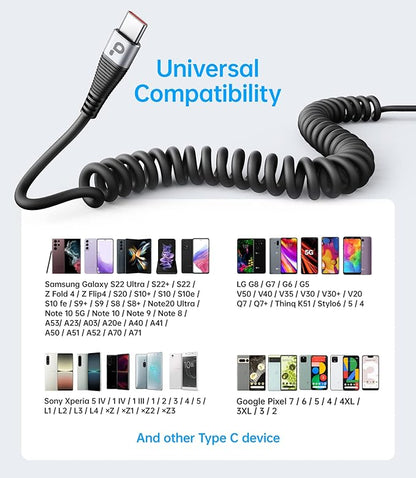 USB Type C Coiled Cable Fast Charging (3FT/5FT), 2Pack Android Auto Charging Cord for Car, Short USB A to USB C Charge Cable Compatible with iPhone 16/15/Pro Max/Samsung Galaxy S20 Note 10 and More