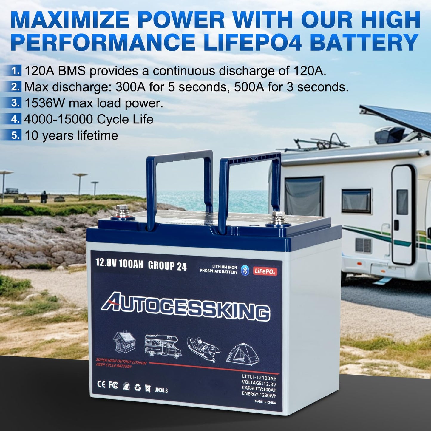 Autocessking 12V 100Ah BCI Group 24 Bluetooth LiFePO4 Battery, 120A BMS Rechargeable Mini Lithium Battery with Low-Temp Protection, Up to 15000 Cycles Perfect for RV, Camping, Solar, Off-Grid and Boat