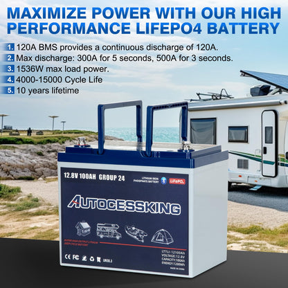 Autocessking 12V 100Ah BCI Group 24 Bluetooth LiFePO4 Battery, 120A BMS Rechargeable Mini Lithium Battery with Low-Temp Protection, Up to 15000 Cycles Perfect for RV, Camping, Solar, Off-Grid and Boat