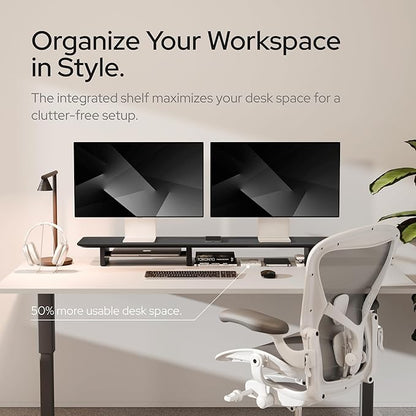 KIVY Dual Monitor Riser With Integrated Metal Shelf [MADE BY HAND] - Wooden Desk Shelf for 2 Monitors - Wide Long Stand for Desk (44 x10x3in - Black)