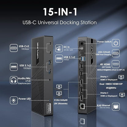 WAVLINK DisplayLink Docking Station Triple Monitor 4K@60Hz for 3 Monitors, 100W Charging for Thunderbolt 4/3, USB C M1 M2 M3 M4 Mac/Windows/Chrome - 3 HDMI, 2 DP, 6 USB Ports, 160W Power, LAN, Audio