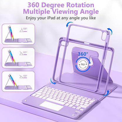 TaIYanG Touchpad for iPad A16 11th/10th Generation Case with Keyboard, 7 Color Backlit 360 Rotation Cover with Pencil Holder,Detachable Keyboard for iPad 11 inch 2025/10th Gen 10.9'' 2022 (Purple)