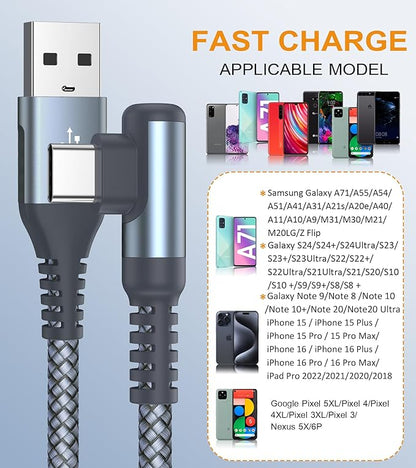 sweguard USB Type C Charger Cable Right Angle [2-Pack,3.3FT] iPhone 16 Charger Braided Cord for iPhone 16 15 Pro Max Plus, Samsung Galaxy S25 S24 S23 S22 S21 S20 S10 S9 A15 Note Flip Pixel LG Moto PS5