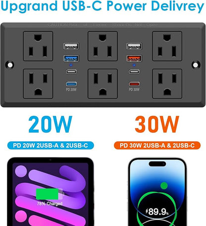 Recessed Power Strip, 30W PD USB-C & USB-A Fast Charging, Drawer Outlet Plug in 6 Outlets & 8 USB Ports, Furniture Flush Mount Desk Outlets for Conference Table, 10FT Cord Black