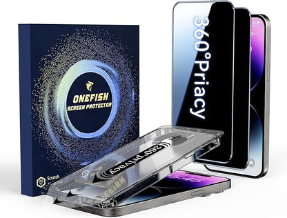 OneFish Screen Protector for iPhone 16 Pro Max Privacy, 4-Way 360° Anti-Spy Tempered Glass, 9H Hardness, HD Clear Anti-Fingerprint 3D Curved Edges, Case-Friendly & Easy Installation