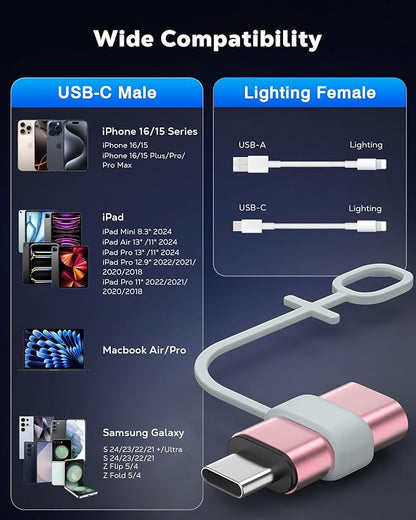 MoKo Lightning to USB C Adapter 2Pack, NOT for Lightning Earbuds/Headphones/OTG, USB-C to Lightning Adapter for iPhone Air 17 16 15 Pro Max Plus,iPad Pro/Air,Galaxy,ONLY for Charging/Data Sync, Pink