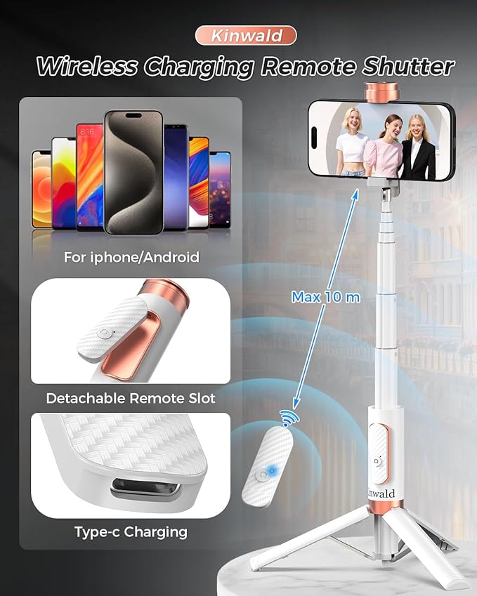 Selfie Stick Tripod for iPhone & Android, Portable Phone Tripod Stand with Bluetooth Remote, One-Click Open, Compact & Lightweight, All-in-1 for Vlog/Travel/Photography (White)