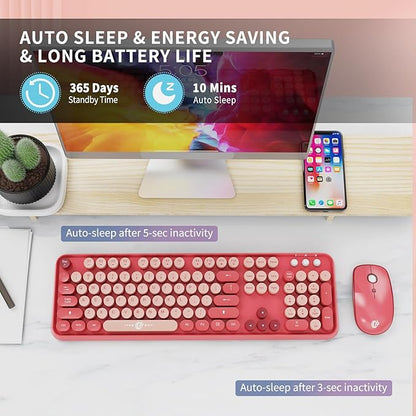 Wireless Keyboard and Mouse Combo, 104 Round Keys Cute Colorful Keyboard and Mouse with Retro Typewriter for PC/Mac/Laptop/Tablet/Computer/Windows Rose