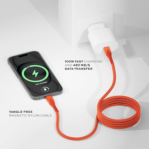 Statik MagStack Pro USB C to USB C Cable, Magnetic Type C Charger Fast Charging Cord, On The Go Magnetic Charging Cable for Car, Compatible with 16 Pro Max, 15, Galaxy S21 S20 Ultra, Orange 100W 3FT