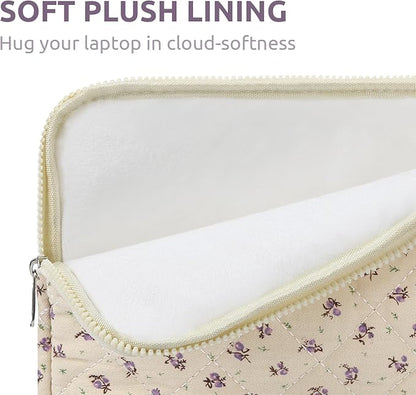 Puffy Laptop Sleeve 13-15.6 Inch Cute Quilted Laptop Protective Case Padded Floral Computer Sleeve for MacBook (A-Purple, 15 Inch)