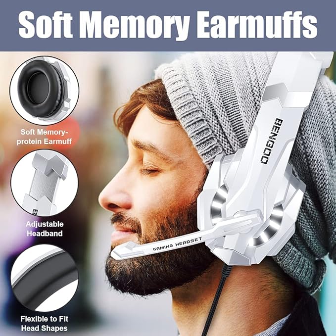BENGOO Pro Gaming Headset for PS4 PS5 PC Xbox One Controller, Noise Cancelling Over Ear Headphones with Mic, LED Light, Bass Surround, Soft Memory Earmuffs for Laptop Mac - White