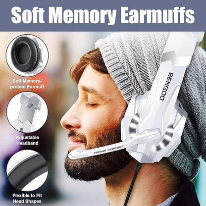 BENGOO Pro Gaming Headset for PS4 PS5 PC Xbox One Controller, Noise Cancelling Over Ear Headphones with Mic, LED Light, Bass Surround, Soft Memory Earmuffs for Laptop Mac - White