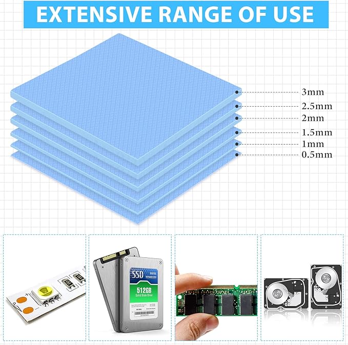 Frienda 6 Pcs Thermal Pad 100 x 100 mm, 0.5 mm, 1 mm, 1.5 mm, 2 mm, 2.5 mm, 3 mm Heat Resistant Conductive Silicone Thermal Pads Conductivity 6.0 W/M for Laptop Heatsink CPU GPU LED Cooler(Blue)