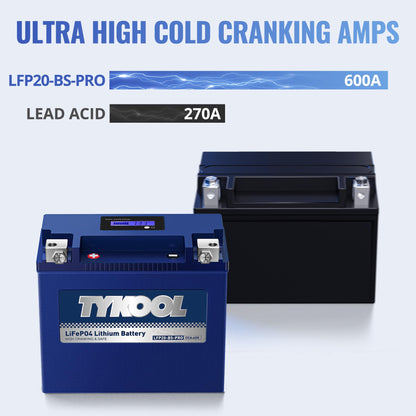 TYKOOL LFP20-BS-PRO Lithium Battery, Replaces YTX20-BS YTX20H-BS GYZ20H, 650CCA 12Ah fits for Indian Chief Scout Arctic Cat Alterra ZR 8000 Yamaha SR Viper Moto Guzzi California, Digital Readout [+ -]