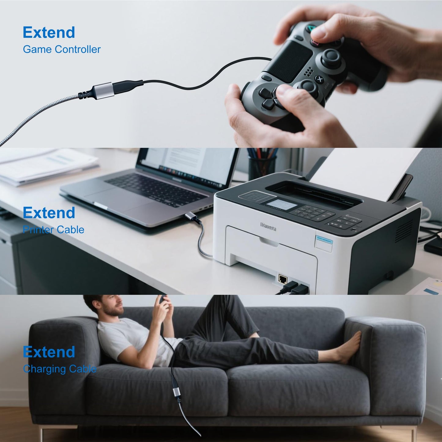 Tan QY USB 3.0 Braided Extension Cable 1.5ft, Male to Female for PS/Xbox/PC
