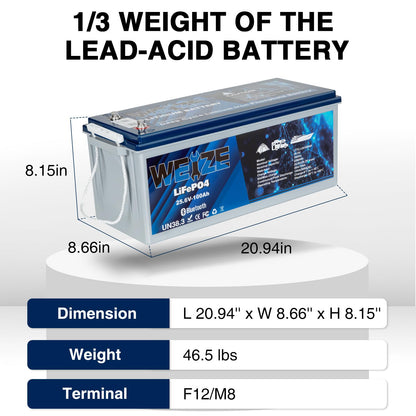 WEIZE 24V 100AH Bluetooth LiFePO4 Lithium Battery, Grade A Cells, 150A BMS, Low-Temp Protection Deep Cycle 500A/3S Peak Discharge Battery for Trolling Motor, Solar System, RV, Camping, Off Grid