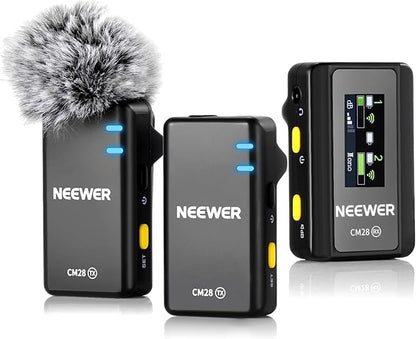 NEEWER CM28 Wireless Lavalier Microphone System, 1 Click Noise Canceling, 4GB Storage for 9Hrs of 48KHz 16 Bit Uncompressed Audio, Lapel Mic Compatible with iPhone/Android/PC/Camera/iPad