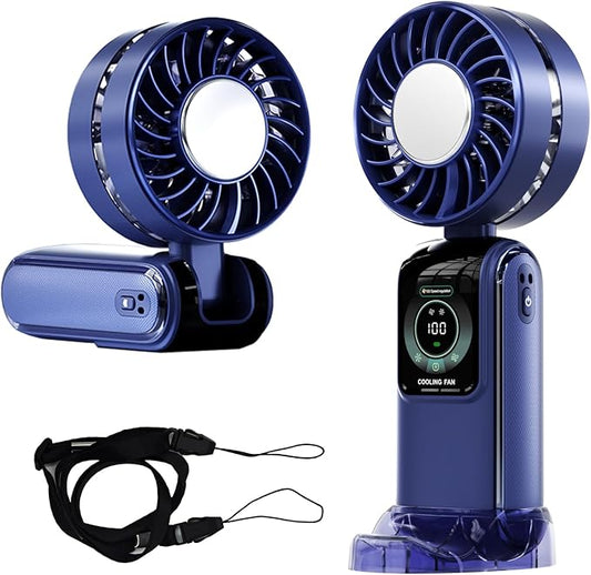 Blows Cold Air Portable Handheld Fan with Stand & Lanyard, 5000mAh USB-C Rechargeable Battery, 12H/5-Speed LED Display Mini Fan for Travel Beach Cruise Concerts Outdoor Events(Blue)